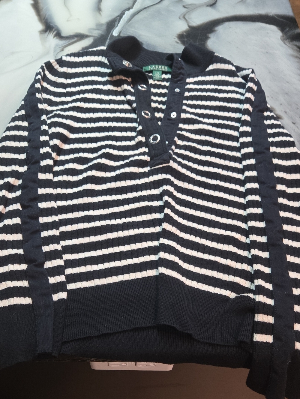 Ralph Lauren Black and White Striped V-Neck Sweater